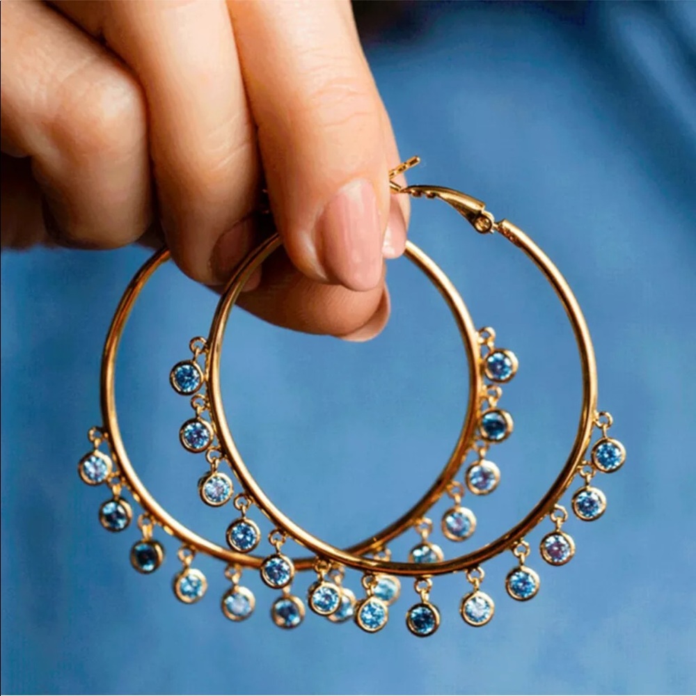New 18k Yellow Gold Plated Hoop Earrings Personalized Cubic Zirconia Jewelry - Picture 6 of 7